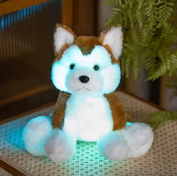 Мягкая интерактивная игрушка "Песик Хаски" с LED-подсветкой 25см (собачка с батарейками, коричневый)