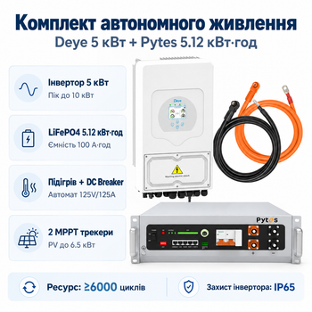 Комплект автономного енергопостачання Deye SUN-5K-SG05LP1-EU 5 кВт + Pytes V5°α Plus H+ 5.12 кВт·год LiFePO4