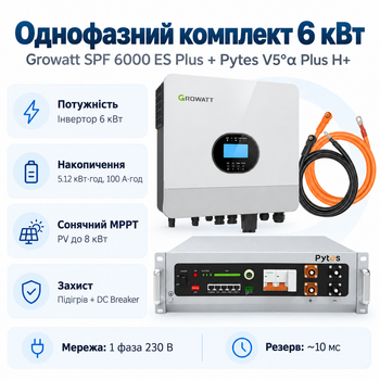 Комплект автономного енергопостачання Growatt SPF 6000 ES Plus 6 кВт + Pytes V5°α Plus H+ 5.12 кВт·год LiFePO4