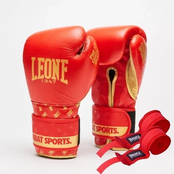 Боксерские перчатки Leone натуральная кожа 16 унций красные с бинтами 4 м.