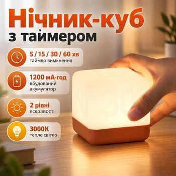 Светодиодный аккумуляторный ночник-куб с таймером 5/15/30/60 мин, 2 уровня яркости, теплый свет 3000K, оранжевый