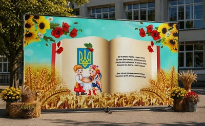 Баннер для фотозоны патриотический PHOTODECOR «Книга с гимном Украины и пшеницей» 1 кв.м