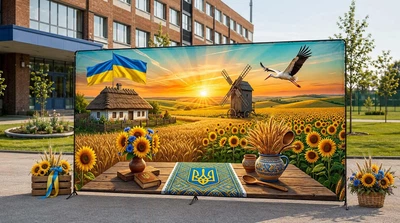Баннер для фотозоны патриотический PHOTODECOR «Родная Украина – подсолнухи, колосья и флаг» 1 кв.м