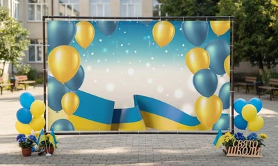 Баннер для фотозоны патриотический PHOTODECOR «Жёлто-голубые шары и лента» 1 кв.м
