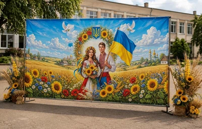 Баннер для фотозоны патриотический PHOTODECOR «Украина с парнем и девушкой в вышиванках и флагом» 1 кв.м