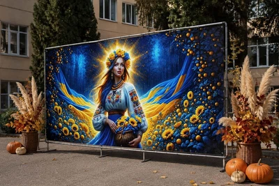 Баннер для фотозоны патриотический PHOTODECOR «Девушка в вышиванке среди подсолнухов» 1 кв.м