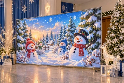 Баннер для фотозоны новогодний PHOTODECOR «Веселі снеговики у шапках та шарфах серед зимового лесу» 1 кв.м
