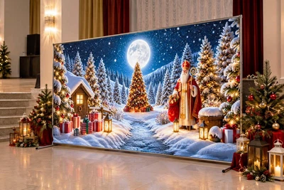 Баннер для фотозоны новогодний PHOTODECOR «Нічний зимний лес із луной, ёлками та Святим Миколаєм біл» 1 кв.м