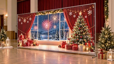 Баннер для фотозоны новогодний PHOTODECOR «Святкове окно з видом на феєрверк над засніженим лесом, ошатн» 1 кв.м