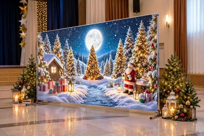 Баннер для фотозоны новогодний PHOTODECOR «Нічний зимний лес із луной, ёлками та Санта Клаусом біля» 1 кв.м