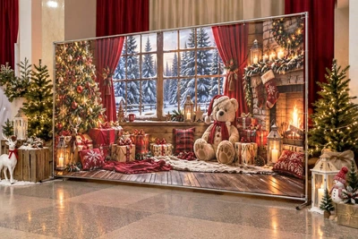 Баннер для фотозоны новогодний PHOTODECOR «Плюшевий мишка у новорічній шапочці біля камина, ёлки та» 1 кв.м