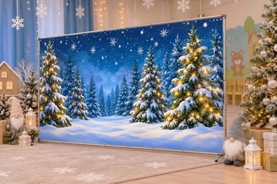 Баннер для фотозоны новогодний PHOTODECOR «нічний зимний лес зі світлодіодними вогниками на засніжених я» 1 кв.м