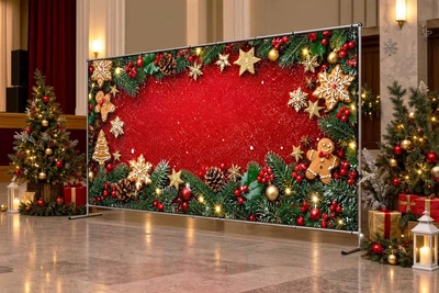 Баннер для фотозоны новогодний PHOTODECOR «Червоний фон із ялиновими гілками, імбирними пряниками та золо» 1 кв.м