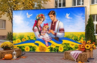 Баннер для фотозоны патриотический PHOTODECOR «День семьи — украинские ленты и подсолнухи» 1 кв.м