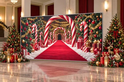 Баннер для фотозоны новогодний PHOTODECOR «Червона доріжка з арками з льодяників та подарками» 1 кв.м