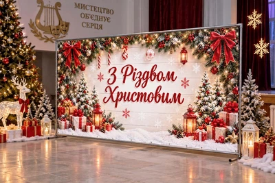 Баннер для фотозоны новогодний PHOTODECOR «С Рождеством Христовым із красными бантами, ёлками, подарункам» 1 кв.м