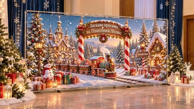Баннер для фотозоны новогодний PHOTODECOR «Поезд с подарками в зимнем городке» 1 кв.м
