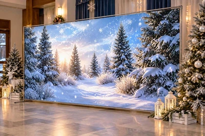 Баннер для фотозоны новогодний PHOTODECOR «Зимовий лес під час снігопаду на заході сонця» 1 кв.м