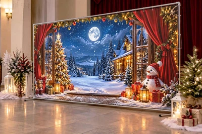 Баннер для фотозоны новогодний PHOTODECOR «Відчинені окна на засніжений нічний лес із повним луной, ял» 1 кв.м
