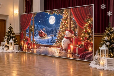 Баннер для фотозоны новогодний PHOTODECOR «Вікно з красными завісами, снеговиком і подарками на тлі ні» 1 кв.м