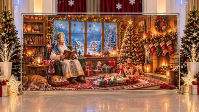 Баннер для фотозоны новогодний PHOTODECOR «Святой Николай с собакой и котиком» 1 кв.м