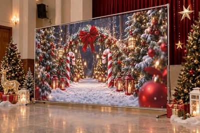 Баннер для фотозоны новогодний PHOTODECOR «аллея з карамельними паличками, фонарями та великою червоною к» 1 кв.м