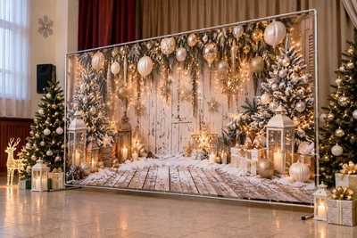 Баннер для фотозоны новогодний PHOTODECOR «Світла дерев'яна стіна з золотыми ёлочными шарами, гірлянд» 1 кв.м
