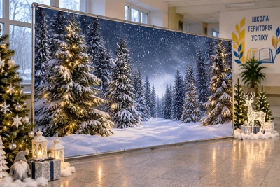 Баннер для фотозоны новогодний PHOTODECOR «Зимовий лесовий пейзаж із засніженими ёлками у світлі вечірн» 1 кв.м