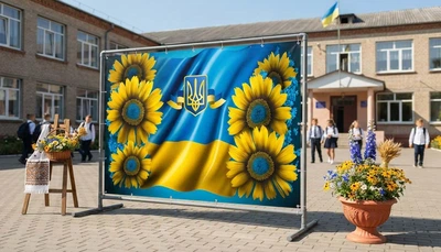 Баннер для фотозоны патриотический PHOTODECOR «Флаг Украины с подсолнухами и Гербом» 1 кв.м