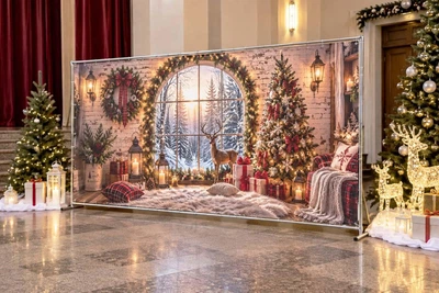 Баннер для фотозоны новогодний PHOTODECOR «Цегляна стіна з арочним окном, оленем, ёлкой та затишним кр» 1 кв.м