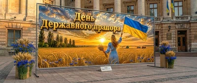 Баннер для фотозоны патриотический PHOTODECOR «День Украинской Государственности — женщина с флагом» 1 кв.м