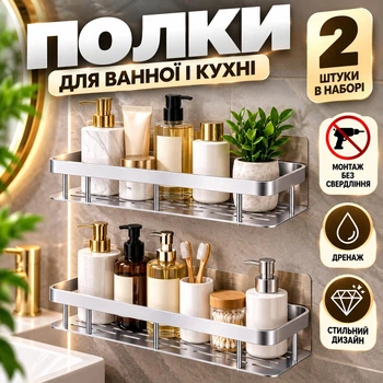 Полиця для ванної настінна 2 шт без свердління металевий органайзер для душу кухні косметики шампунів побутової хімії тримач для зберігання з дренажними отворами антикорозійний хромований 30х13х5.5 см