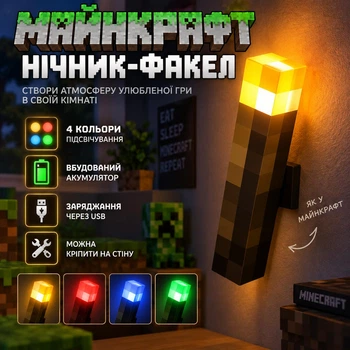 Ночник-факэл Майнкрафт, LED светильник на аккумуляторе, 4 цвета