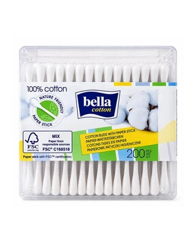 Ватные палочки гигиенические косметические Bella Cotton из 100% хлопка для очищения и ухода в пластиковой коробке 200 шт (5900516400040)