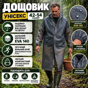 Плащ дождевик с капюшоном мужской водонепроницаемый многоразовый дождевик от дождя и ветра туристический для рыбалки велосипеда походов отдыха рукав на резинке легкий защитный серый размер 42-54