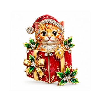 Брошка BROCHE Тварини Кошеня з подарунком у шапці Санти жовтогаряча BRBF115651