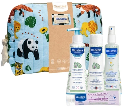 Набір косметичних засобів для догляду Mustela Baby Jungle Молочко для тіла Hydra 300 мл + Гель для миття 200 мл + Освіжувально-моделювальна вода для волосся 200 мл + Захисний крем від попрілостей під підгузком 50 мл + Косметичка (8436034154488)