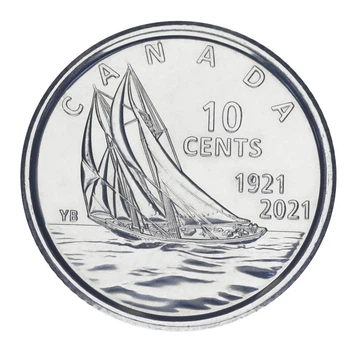 Монета Канада 10 центов 2021 UNC 100 лет Bluenose Корабль - Парусник (номинал рядом с кораблем)