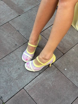 Женские босоножки 8071, лимонный, лето, натуральная кожа + сетка (6502), 37