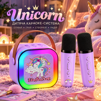 Детская караоке-система Unicorn с 2 беспроводными микрофонами, RGB-подсветкой, портативная, фиолетовая