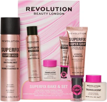 Zestaw do pielęgnacji twarzy Makeup Revolution Superfix Bake & Set Puder 10 g + Primer 24 ml + Spray utrwalający makijaż 75 ml (5057566913065)
