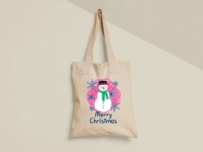 Эко сумка шоппер с принтом Merry christmas Снеговик Бежевый 35х41 см