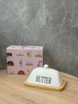 Масленка керамическая на бамбуковой подставке с надписью "BUTTER"