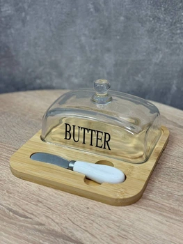 Масленка бамбуковая со стеклянной крышкой и ножом для масла с надписью "BUTTER"