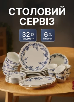 Столовый сервиз на 6 персон набор посуды 32 предмета Vintage фарфоровые тарелки и чашки посуда для сервировки Белый с принтом