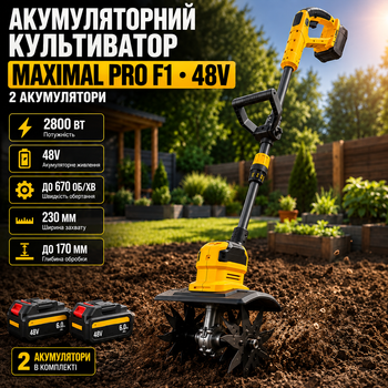 Культиватор аккумуляторный Maximal Pro Fenix 25 ручной 2800 Вт беспроводной почвообработчик 48 В 9 А·ч 670 об мин захват 230 мм погружение 170 мм телескопический 90–120 см бесщеточный для сада огорода земли