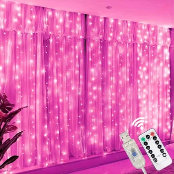 Светодиодная гирлянда USB штора, медная нить, розовый свет (PINK), 3x2м, БЕЗ КРЮЧКОВ, 8 режимов/200LED, с пультом