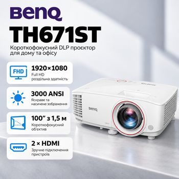 Проектор BENQ TH671S DLP 3000 люмен 1920x1080 короткофокусный для дома Белый (9H.JGY77.1HE)