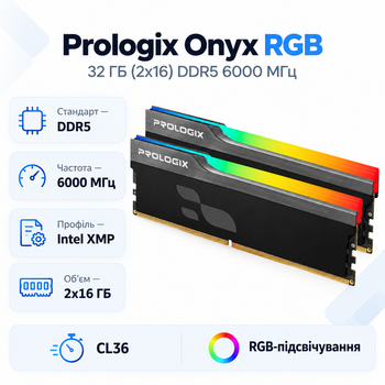 Оперативная память Prologix Onyx RGB 32 ГБ 2x16 ГБ DDR5 6000 МГц CL36 Black (PRO32GB6000YBR5K)