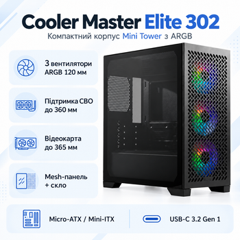 Корпус для ПК Cooler Master Elite 302 ARGB Mini Tower без БЖ MicroATX/Mini-ITX Black (E302-KGNN-S00)